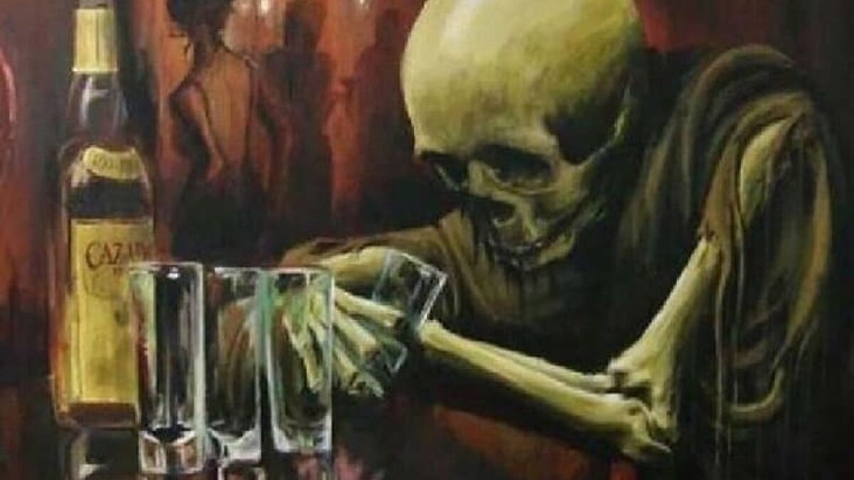 Skeleton sitting at a bar with a bottle and empty glasses, a Halloween meme illustrating hilarious Halloween moments.