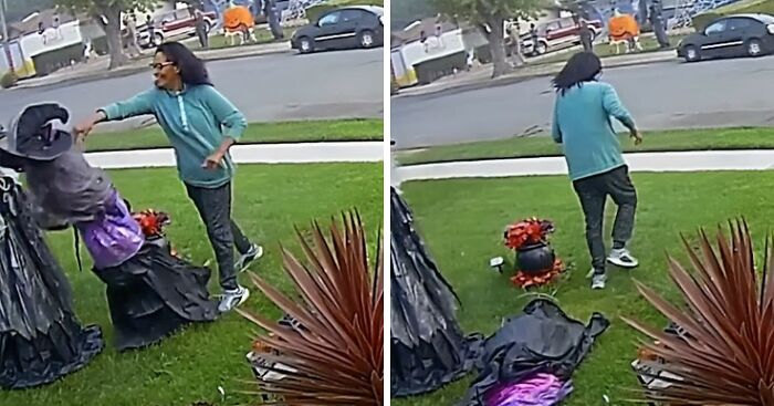‘Unhinged’ Woman Caught Attacking Neighbor’s Halloween Witches Twice In Bizarre Viral Footage