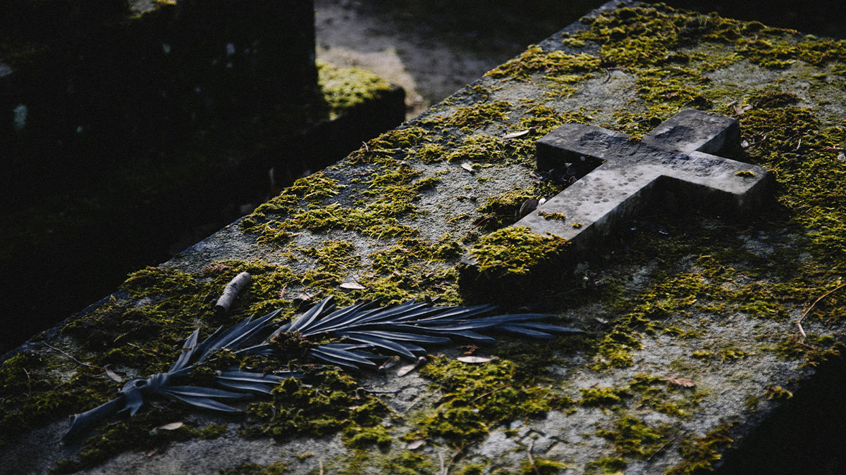 Moss-covered grave with a stone cross and metal palm leaf, evoking spooky urban legends in cities worldwide.