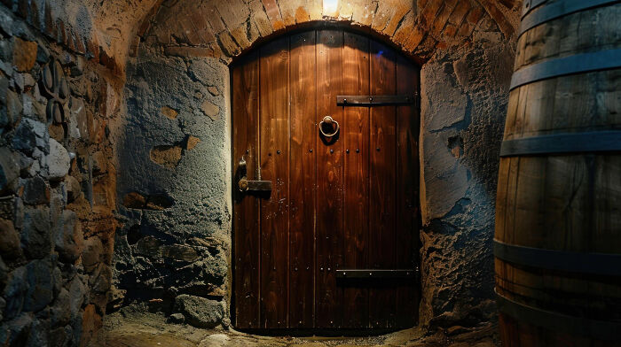 Old wooden door in a stone cellar dimly lit, creating a creepy atmosphere for home stories.