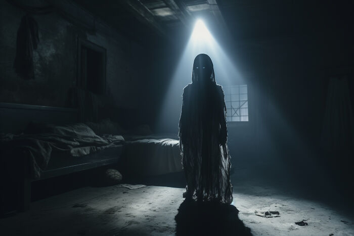 A creepy thing with glowing eyes stands in a dark room illuminated by a single overhead light beam.