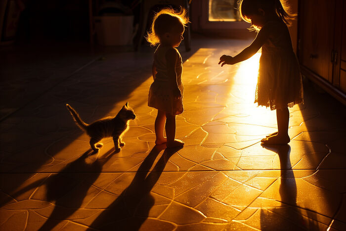 Two children and a cat in warm light casting long shadows on the floor, evoking a creepy home stories atmosphere.