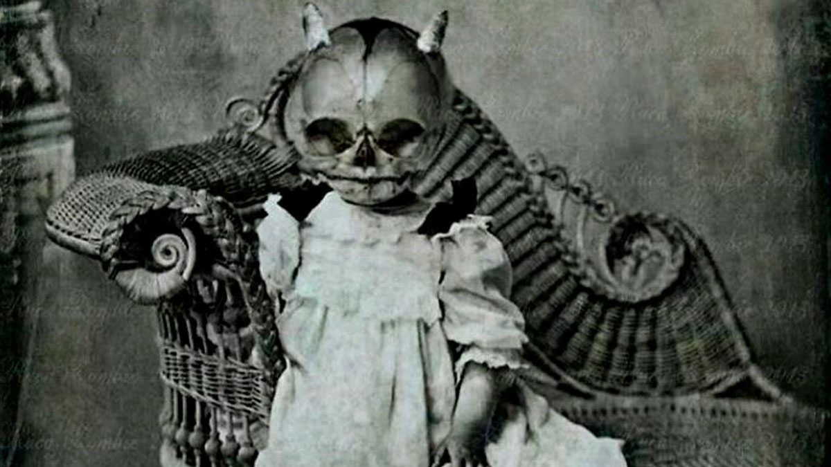 Vintage Halloween costume with a terrifying skull mask and horns posing on an ornate wicker chair from the past.