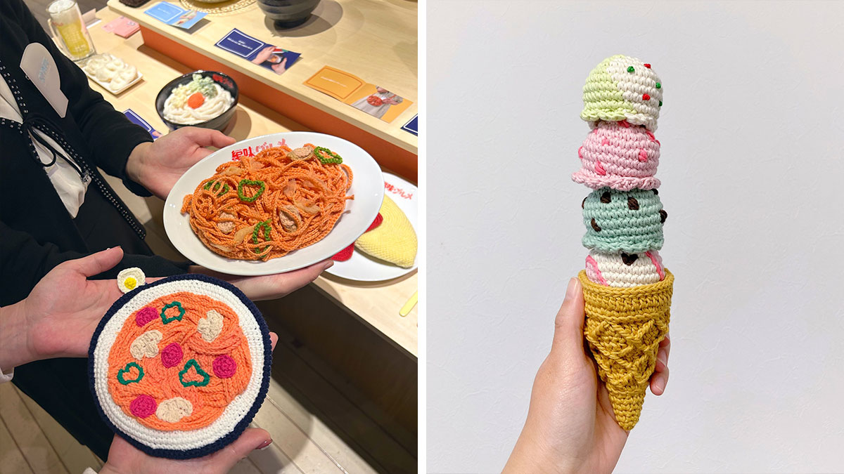 Japanese fiber artist holding crocheted realistic food-inspired accessories including pasta, pizza, and a four-scoop ice cream cone.