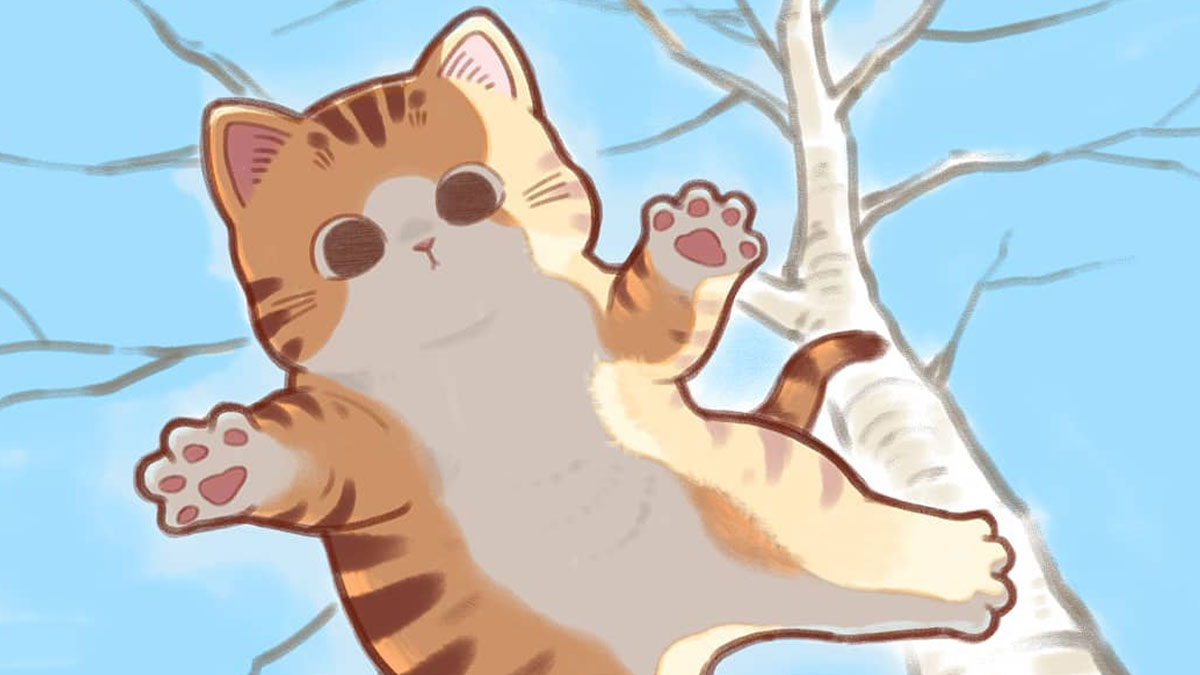 Cute cat illustration of a surprised tabby kitten falling in front of a snowy tree on a clear blue sky background