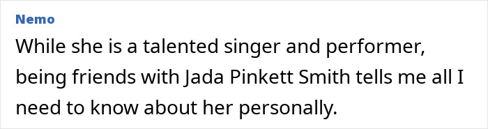 Text excerpt about a talented singer and performer mentioning Jada Pinkett Smith and personal insights. Text excerpt about a talented singer and performer mentioning Jada Pinkett Smith and personal insights.