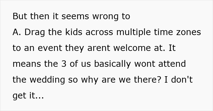 Text discussing a couple debating attending a child-free wedding after traveling eight hours and spending £11k. Text discussing a couple debating attending a child-free wedding after traveling eight hours and spending £11k.