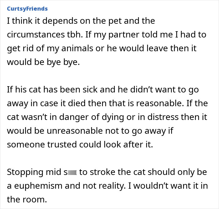 Text discussing stroking cat during intimacy and balancing pet care with relationship priorities, including trust and boundaries. Text discussing stroking cat during intimacy and balancing pet care with relationship priorities, including trust and boundaries.