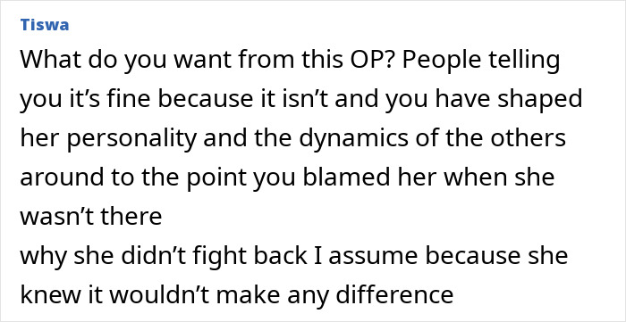 Comment about mom regretting using daughter as family scapegoat, affecting her personality and family dynamics. Comment about mom regretting using daughter as family scapegoat, affecting her personality and family dynamics.