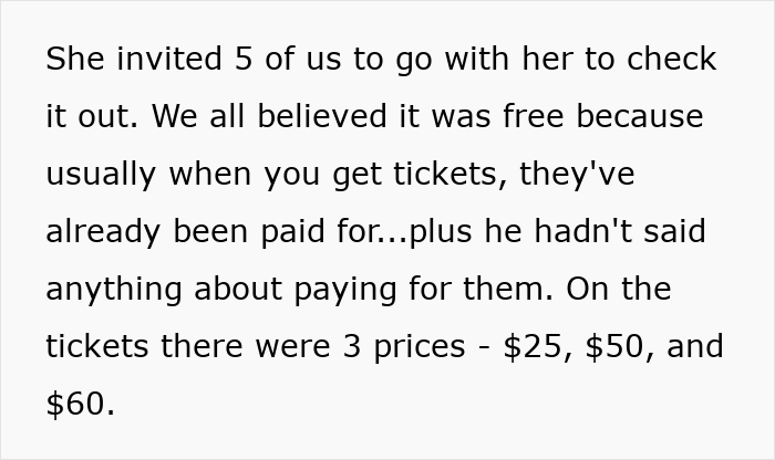 Text discussing coworkers attending superior’s wife’s show and realizing tickets were not free, revealing a scam experience. Text discussing coworkers attending superior’s wife’s show and realizing tickets were not free, revealing a scam experience.