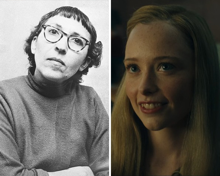 Split image showing a black and white photo of a woman on the left and a smiling young woman from Netflix's Monster Ed Gein story on the right. Split image showing a black and white photo of a woman on the left and a smiling young woman from Netflix's Monster Ed Gein story on the right.