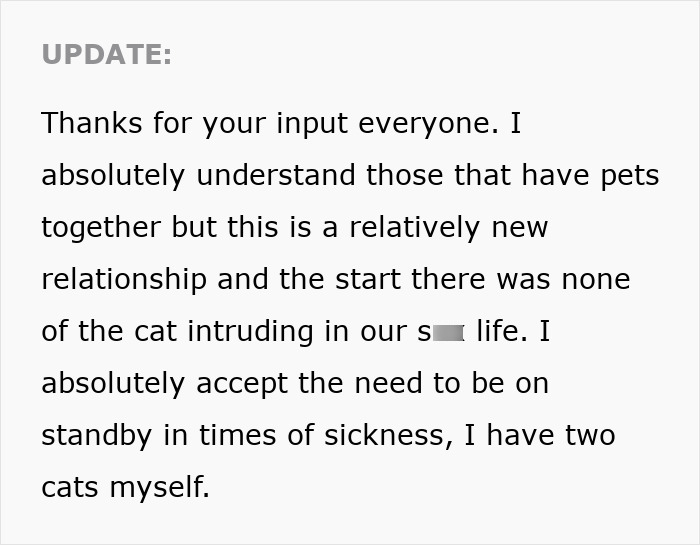 Text update explaining concerns about stroking cat during intimacy in a new relationship with pets together. Text update explaining concerns about stroking cat during intimacy in a new relationship with pets together.