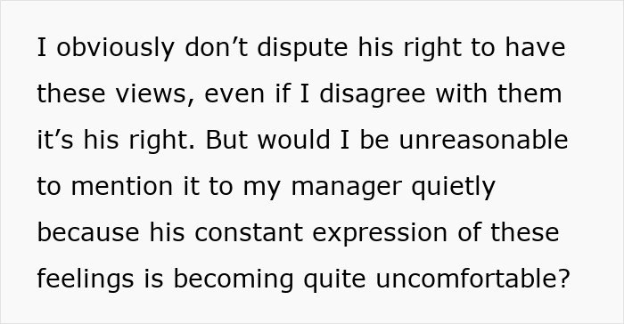 Text on a white background expressing discomfort with a religious man pushing his beliefs in the workplace. Text on a white background expressing discomfort with a religious man pushing his beliefs in the workplace.