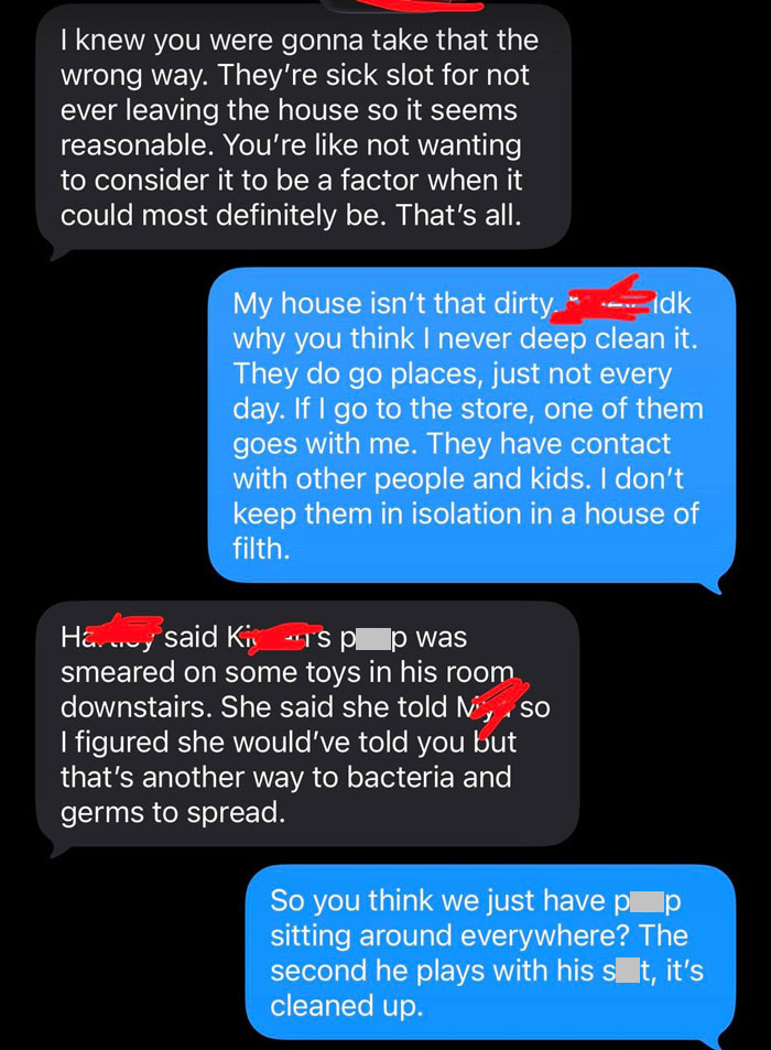 Text message exchange showing exhausted mom defending her not spotless house and involvement of her kids amid shaming. Text message exchange showing exhausted mom defending her not spotless house and involvement of her kids amid shaming.