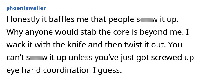 Screenshot of a social media comment discussing avocado handling and common mistakes causing avocado hands injuries. Screenshot of a social media comment discussing avocado handling and common mistakes causing avocado hands injuries.