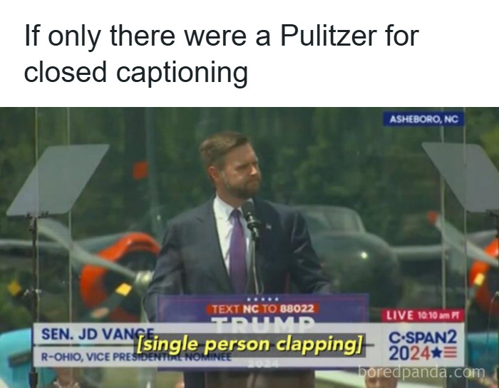 Man at podium during a speech with caption about closed captioning, illustrating chaotic good actions in unique ways.