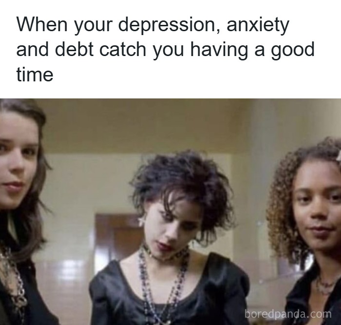 Three young women standing indoors with serious expressions, illustrating anxiety and depression in a relatable meme.