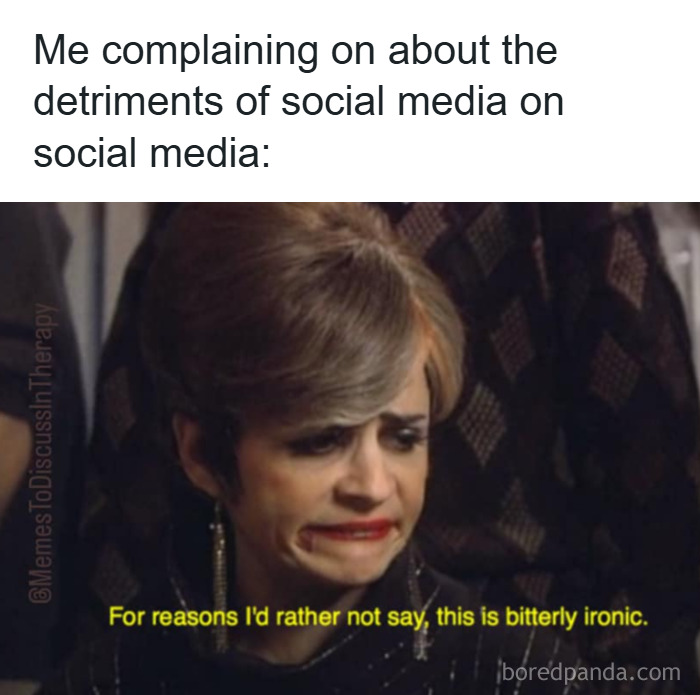 Woman making a bitterly ironic face, illustrating a funny and relatable meme about social media drawbacks.