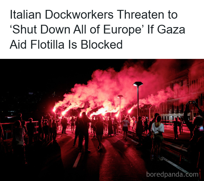 Crowd holding red flares during chaotic good protest by Italian dockworkers threatening Europe shutdown over Gaza aid blockade.