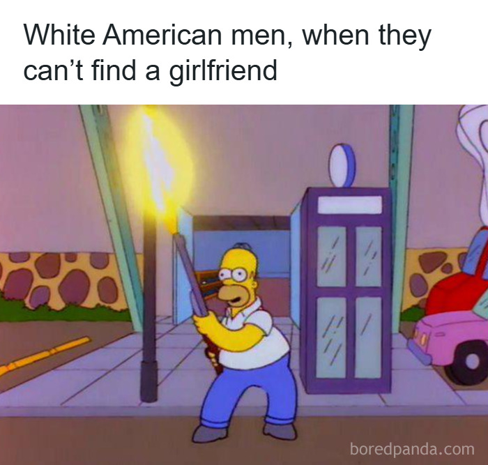 Cartoon character holding a flamethrower on a city street, illustrating dystopic society challenges humorously.