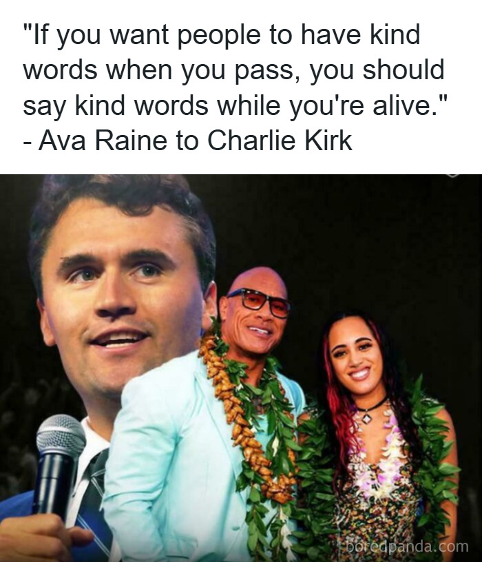 Man speaking into microphone next to Dwayne Johnson and a woman wearing leis, representing chaotic good actions and kindness.