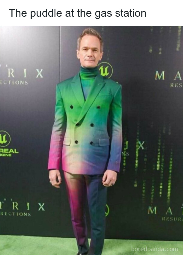 Man in a colorful suit blending into a background, captioned as a puddle at the gas station meme, 3AM posts theme.