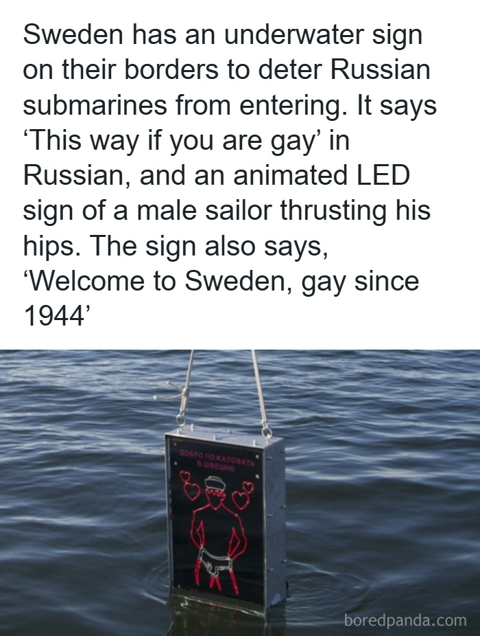 Underwater LED sign in Sweden deters submarines with animated sailor and welcoming message, showcasing chaotic good creativity.
