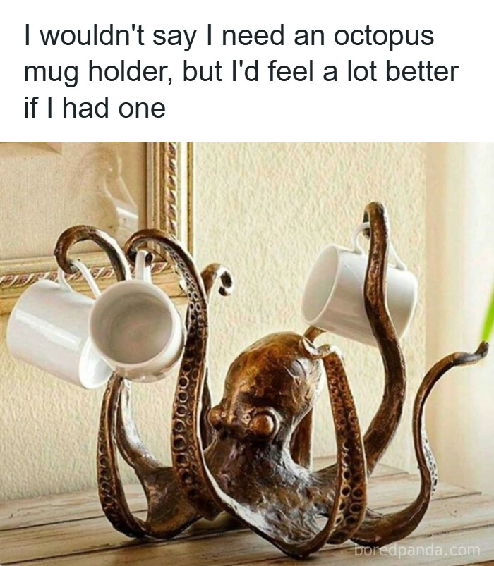 Bronze octopus mug holder with white mugs, showcasing one of the weirdest purchases people would make.