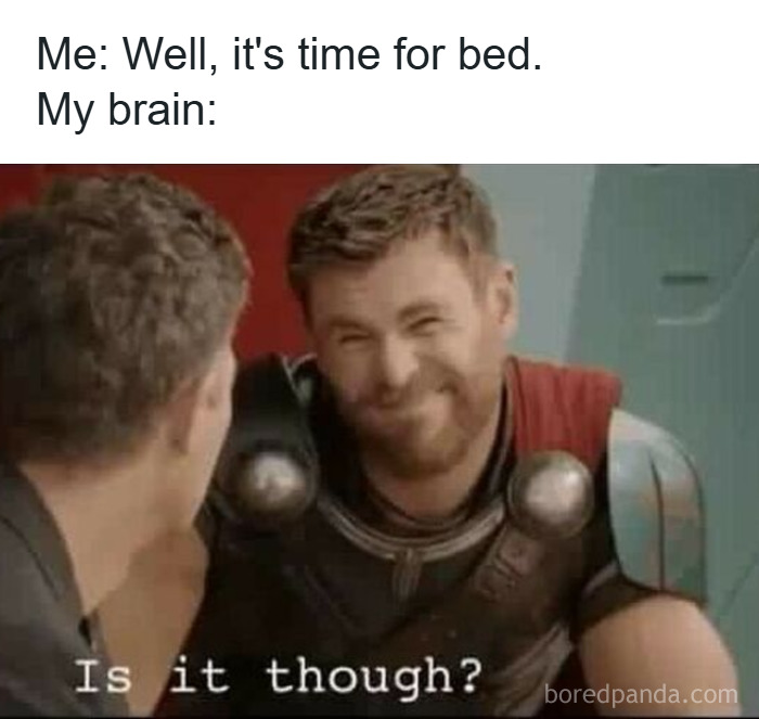 Man in armor smirking at another man with text about insomnia memes and an uncooperative brain at bedtime.
