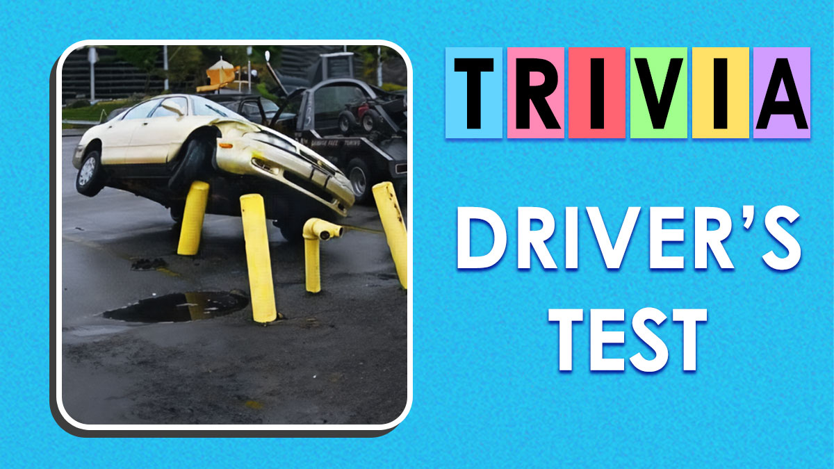 Car stuck on yellow bollards in a driving scenario testing if you still know the rules of the road for drivers.