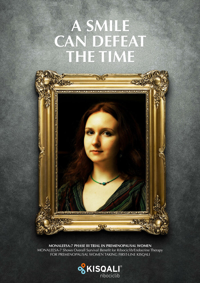 Advertisement featuring a Mona Lisa-inspired portrait highlighting the iconic painting in creative ads.