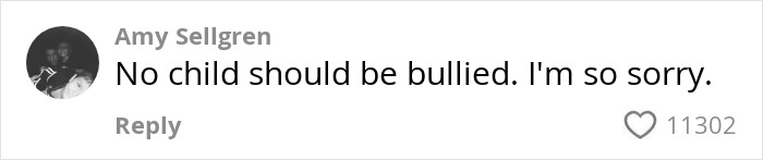 Screenshot of a social media comment saying no child should be bullied, relating to daughter getting bullied for her clothes. Screenshot of a social media comment saying no child should be bullied, relating to daughter getting bullied for her clothes.