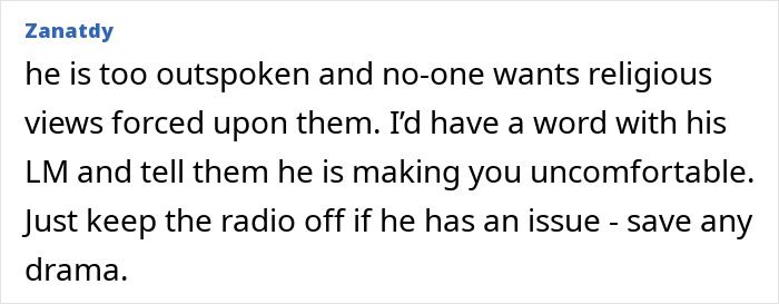 Comment expressing frustration about a religious man making work life insufferable by pushing beliefs on coworkers. Comment expressing frustration about a religious man making work life insufferable by pushing beliefs on coworkers.