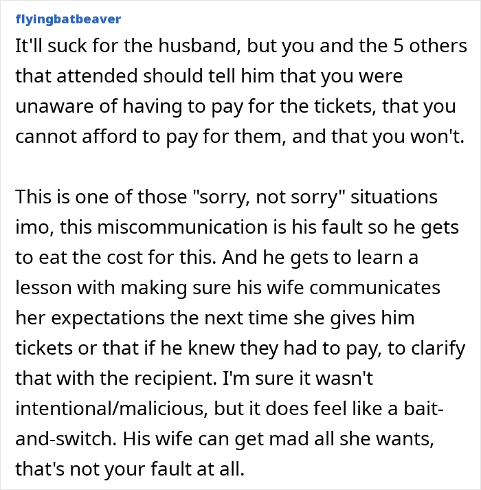 Text conversation about coworkers realizing the superior’s wife’s show was not free, feeling scammed over tickets. Text conversation about coworkers realizing the superior’s wife’s show was not free, feeling scammed over tickets.