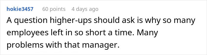 Comment from user hokie3457 discussing why many employees left quickly, highlighting issues with management and an easily replaceable employee losing a big client. Comment from user hokie3457 discussing why many employees left quickly, highlighting issues with management and an easily replaceable employee losing a big client.