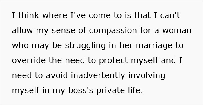Text excerpt about avoiding involvement in boss's private life amid compassion, related to boss wife claim affair innocent worker. Text excerpt about avoiding involvement in boss's private life amid compassion, related to boss wife claim affair innocent worker.