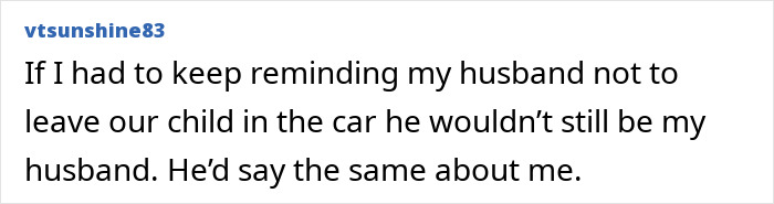 Screenshot of an online comment discussing a husband and child safety related to leaving a child in a car. Screenshot of an online comment discussing a husband and child safety related to leaving a child in a car.