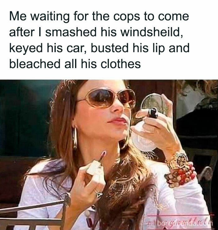 Woman wearing sunglasses applying makeup, caption about waiting for cops after unhinged actions, featuring women unhinged quotes.