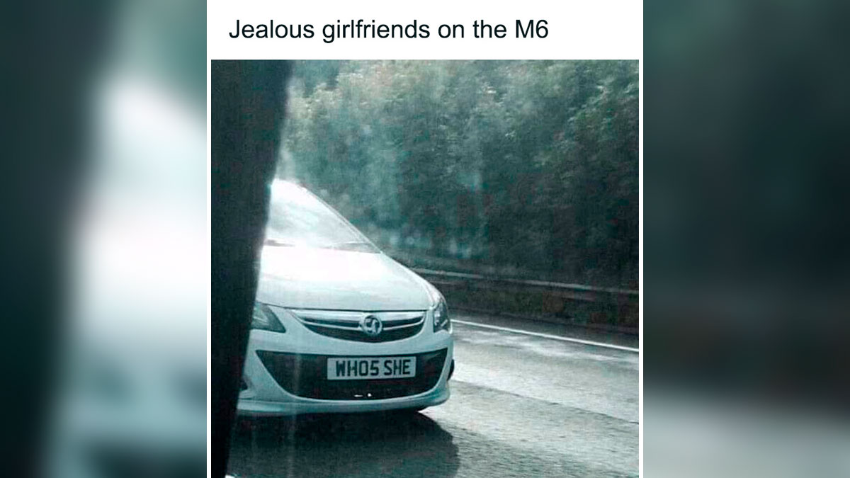 Car with personalized license plate reading WH05 SHE, illustrating unhinged things women said shared online.