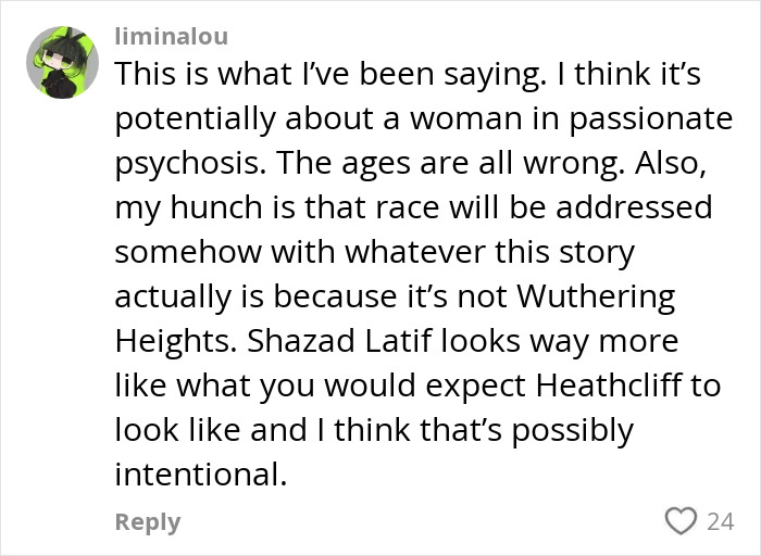 User comment discussing the Margot Robbie Wuthering Heights trailer and character interpretations, including Heathcliff’s portrayal. User comment discussing the Margot Robbie Wuthering Heights trailer and character interpretations, including Heathcliff’s portrayal.