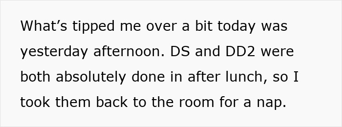 Excerpt of a tired mom explaining how her kids were done after lunch, showing a let down and useless dad feeling. Excerpt of a tired mom explaining how her kids were done after lunch, showing a let down and useless dad feeling.