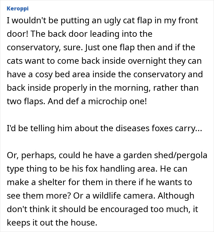 Screenshot of a comment discussing installing a cat flap and concerns about a pet fox and disease risks.