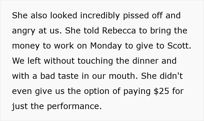 Coworkers realize they were scammed after attending superior’s wife’s show that wasn’t actually free, causing anger and frustration. Coworkers realize they were scammed after attending superior’s wife’s show that wasn’t actually free, causing anger and frustration.