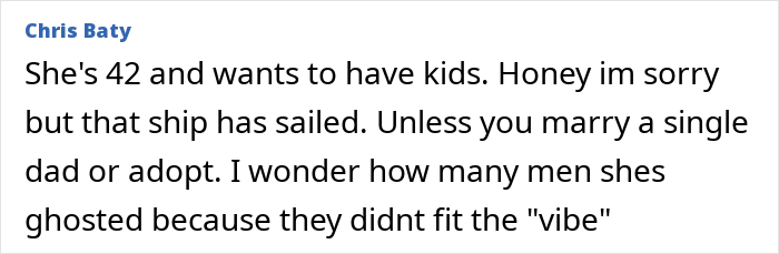 Text comment discussing a 42-year-old woman’s dating outlook, related to woman gets nearly 2000 responses billboard campaign. Text comment discussing a 42-year-old woman’s dating outlook, related to woman gets nearly 2000 responses billboard campaign.