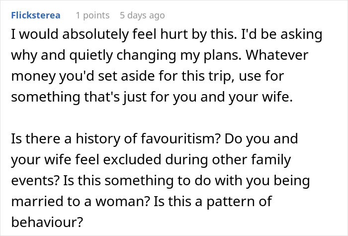 Comment discussing feelings of hurt and favoritism when a family plans separate drive to Disneyland, suggesting changes in trip plans. Comment discussing feelings of hurt and favoritism when a family plans separate drive to Disneyland, suggesting changes in trip plans.