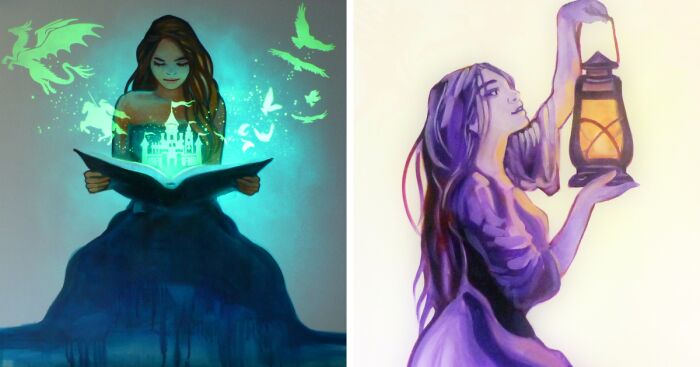 Two paintings showcasing glow in the dark art, featuring a girl with a magical book and a woman holding a lantern.