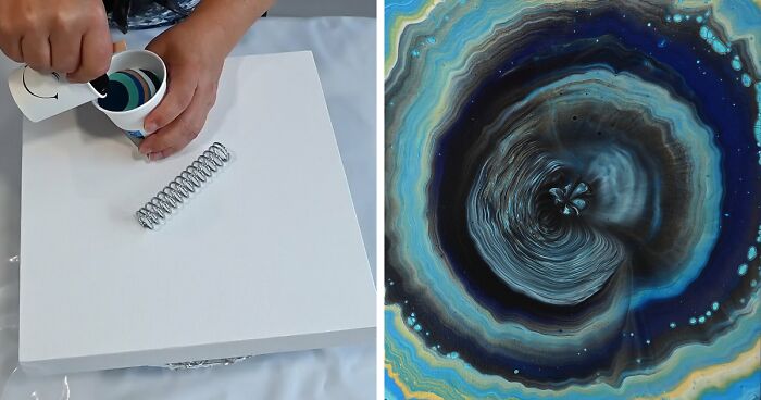 Pouring paint over a spring on a canvas, creating vibrant blue and yellow fluid art patterns and swirls.