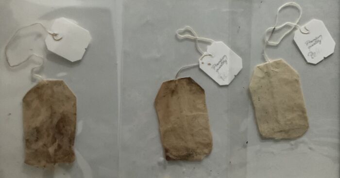 Three used tea bags with attached tags displayed on a surface, highlighting artist connection using tea bags.