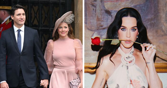 Justin Trudeau and Sophie Gregoire in formal attire, and Katy Perry posing with a rose in her mouth.
