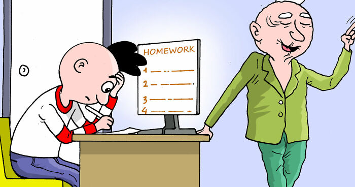 Young boy struggling with homework at desk while an older man in green talks nearby in comic about Wences and his friends